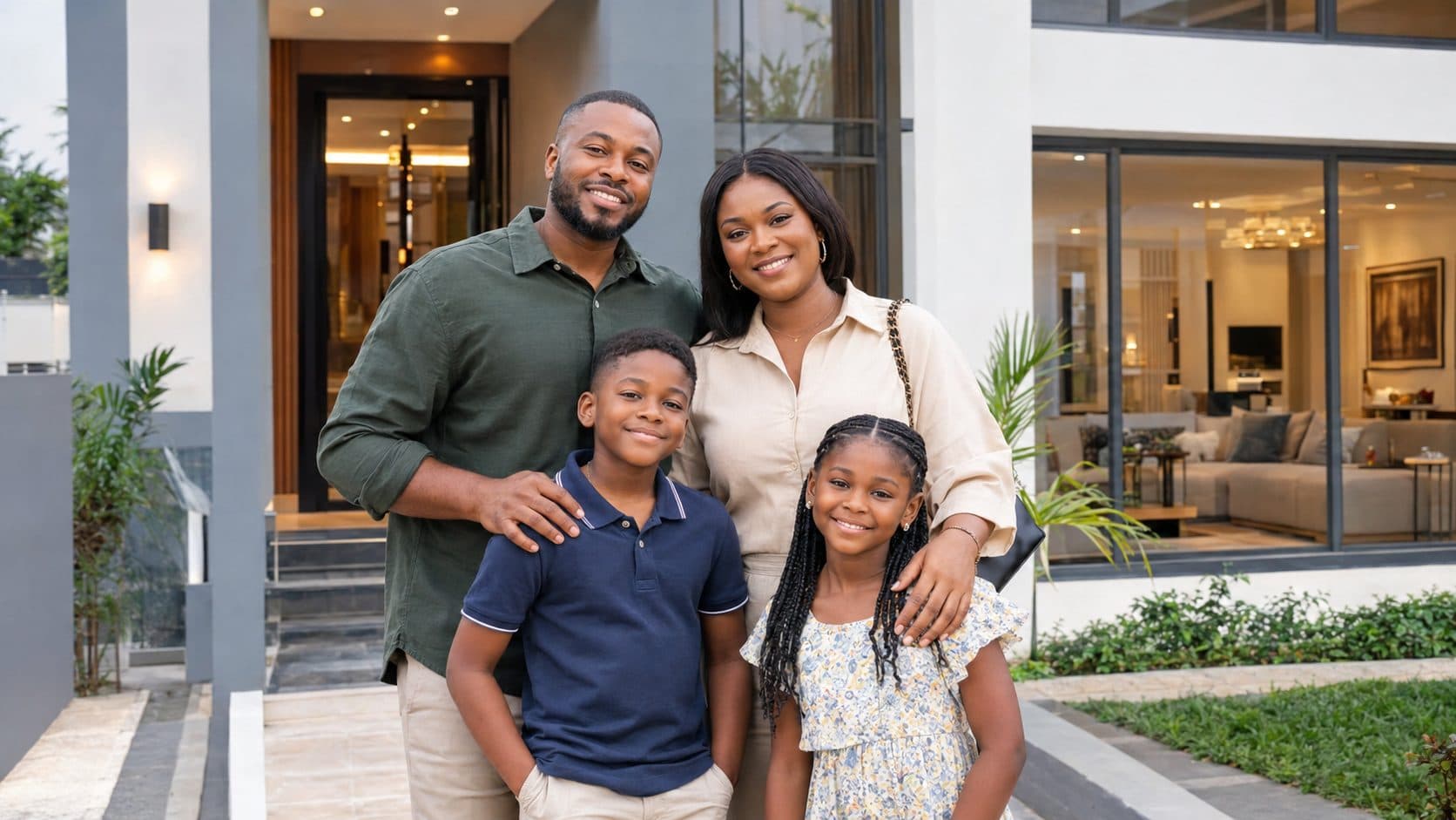 A family of four smiling together outside a modern home