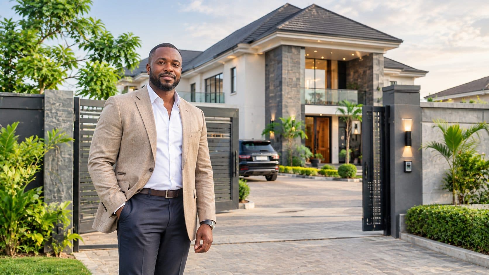 A property owner standing in front of the gate of a modern home