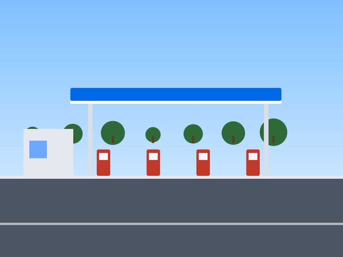 Placeholder illustration of a filling station with a canopy and four pumps